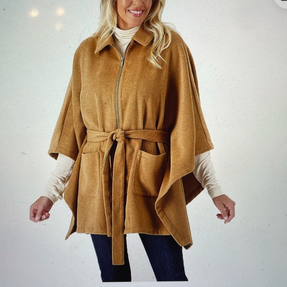 Joan Rivers Zip Front Belted Poncho with Collar Camel Size M/L - Picture 1 of 10
